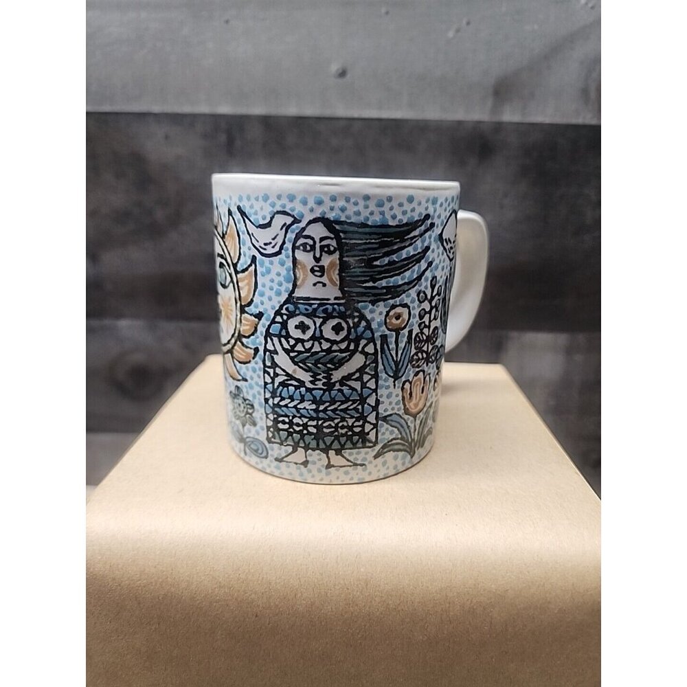 Napcoware Coffee Mug Vintage Folk Art Sun Girl Flowers Trees Figures Japan